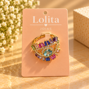 Anel Dourado Multicolor com Pedras Cravejadas