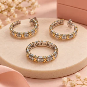 Conjunto de Anel e Brincos com Pedras e Detalhes Dourados
