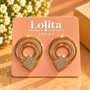 Brinco Lolita Geométrico Dourado com Círculos e Cristais