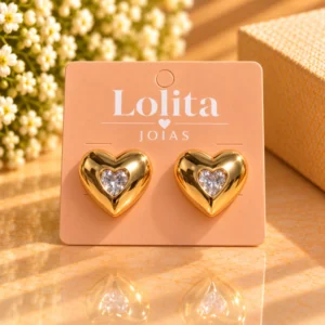 Brinco Coração Dourado com Pedra Central Lolita Joias