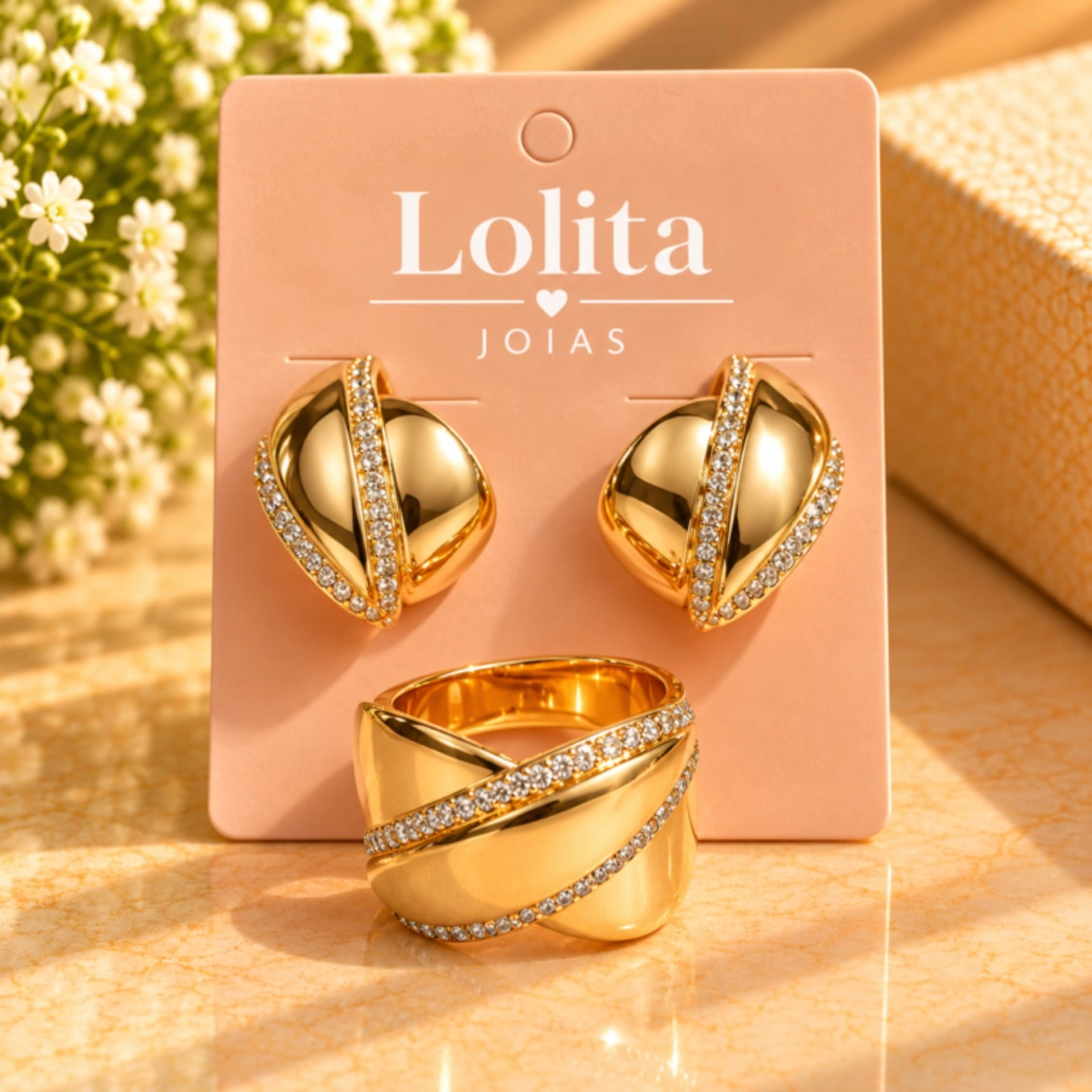 Conjunto Anel e Brincos Entrelaçados com Pedras – Lolita Joias